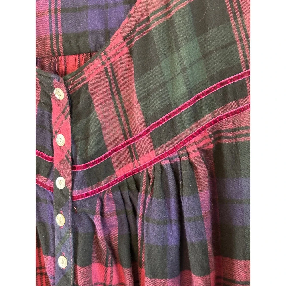 Eileen West Plaid Cotton Flannel Ballet Nightgown XL Velvet Trim Sleepwear